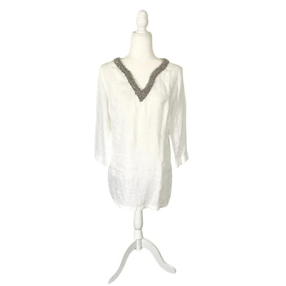 Cynthia Rowley Linen Beaded V-Neck Tunic - Picture 1 of 4